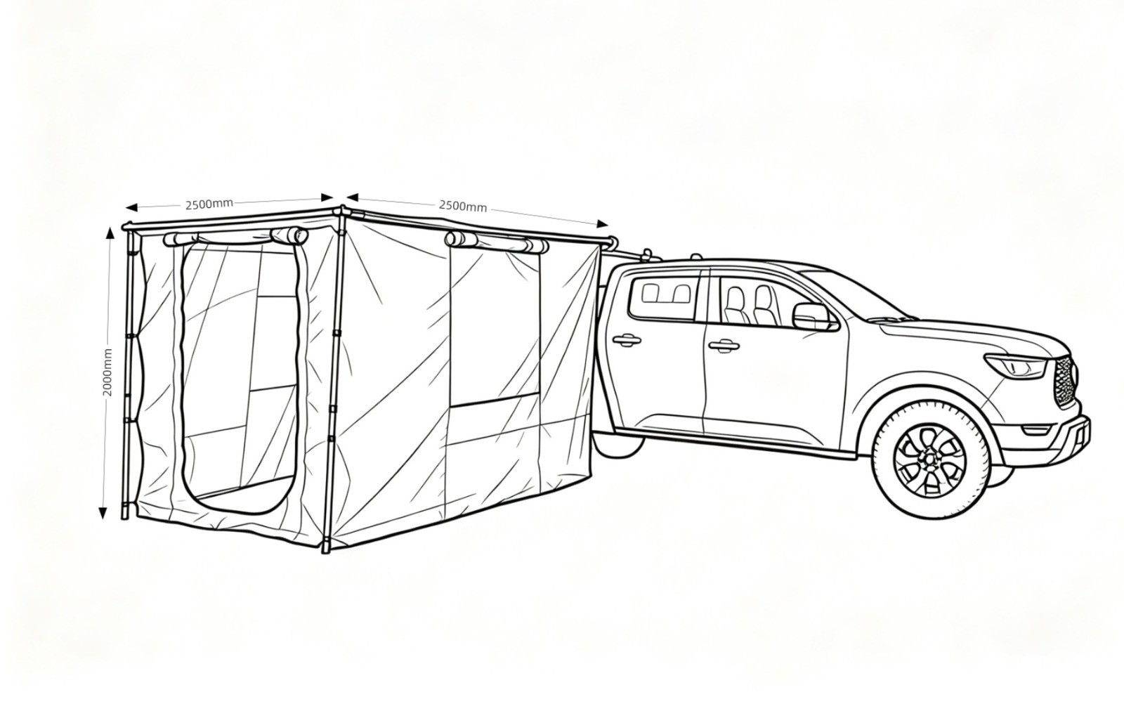 Schiță tehnică dimensiuni Anexă Overlander pentru marchiza 2,5 x 2,5 m