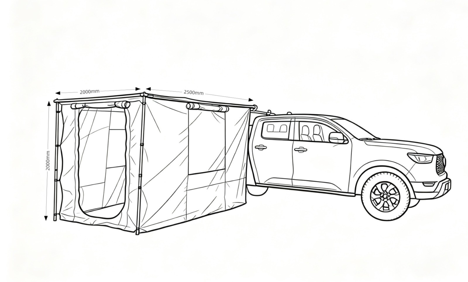 Schiță tehnică dimensiuni Anexă Overlander pentru marchiza 2 x 2,5 m