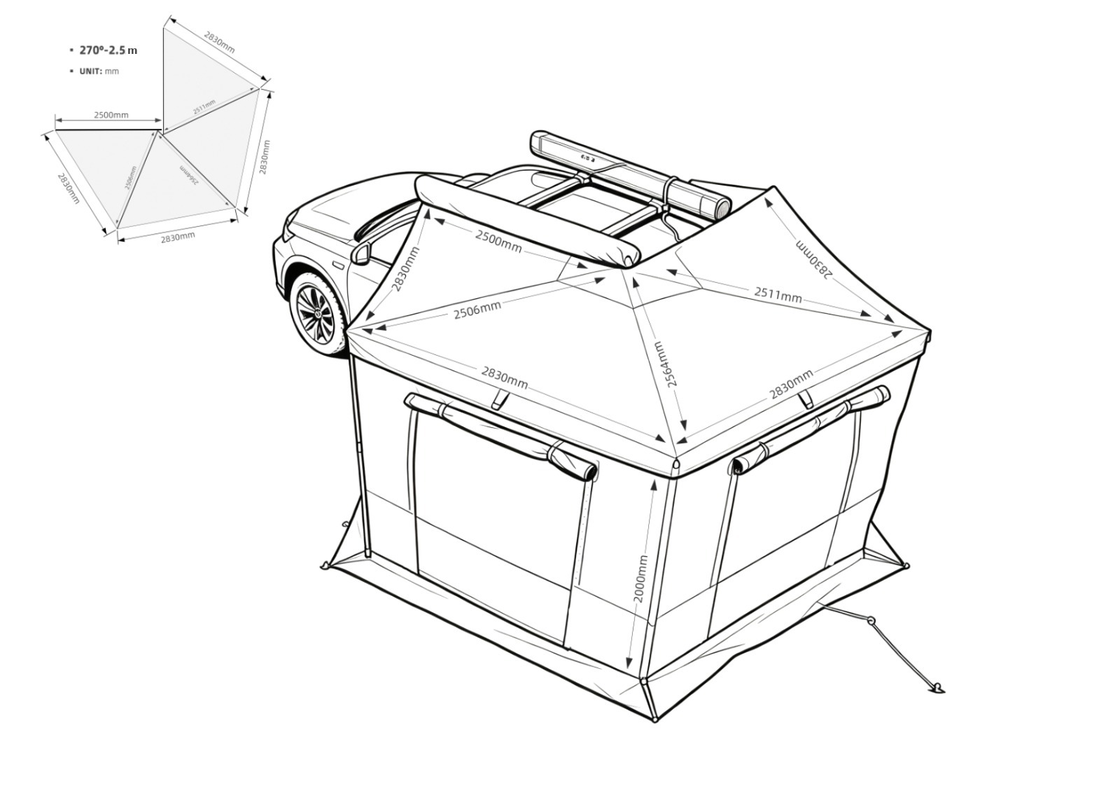 Schiță tehnică Marchiza Overlander 270° 2,5 m cu anexă montată - dimensiuni