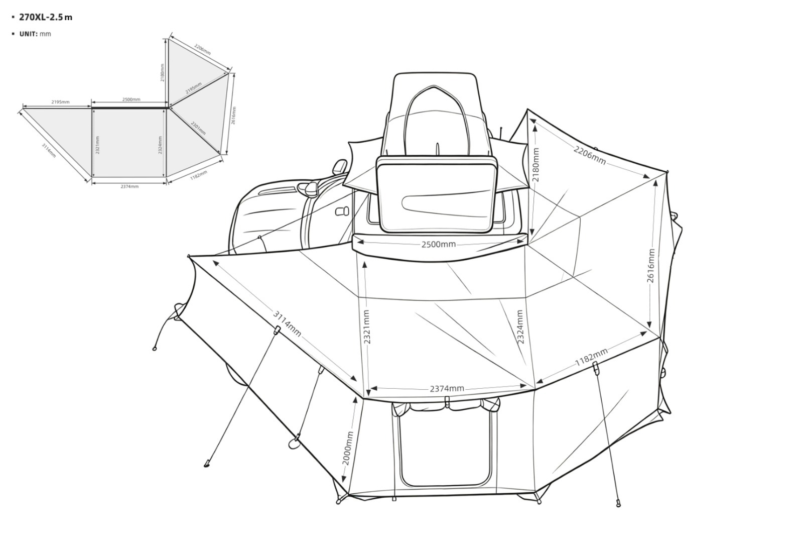Schiță tehnică Marchiza Overlander 270XL (360°) cu anexă montată - dimensiuni